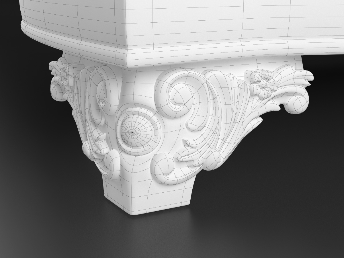 Detailed wireframe topology of carved furniture leg with clean polygonal structure